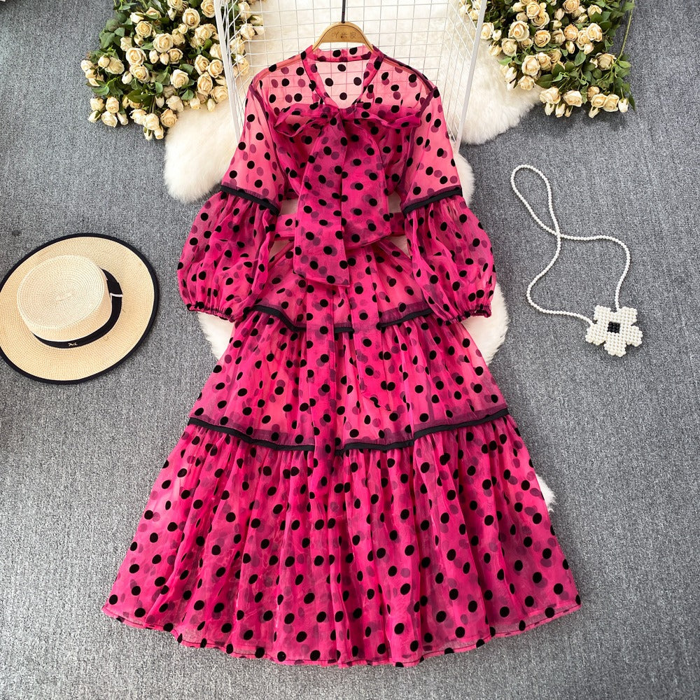 Polka Dot Two Piece Sets For Women Pullover Vest Bow Collar Lantern Sleeve Tunic Dress Casual Set Female Clothing - KAISERINC