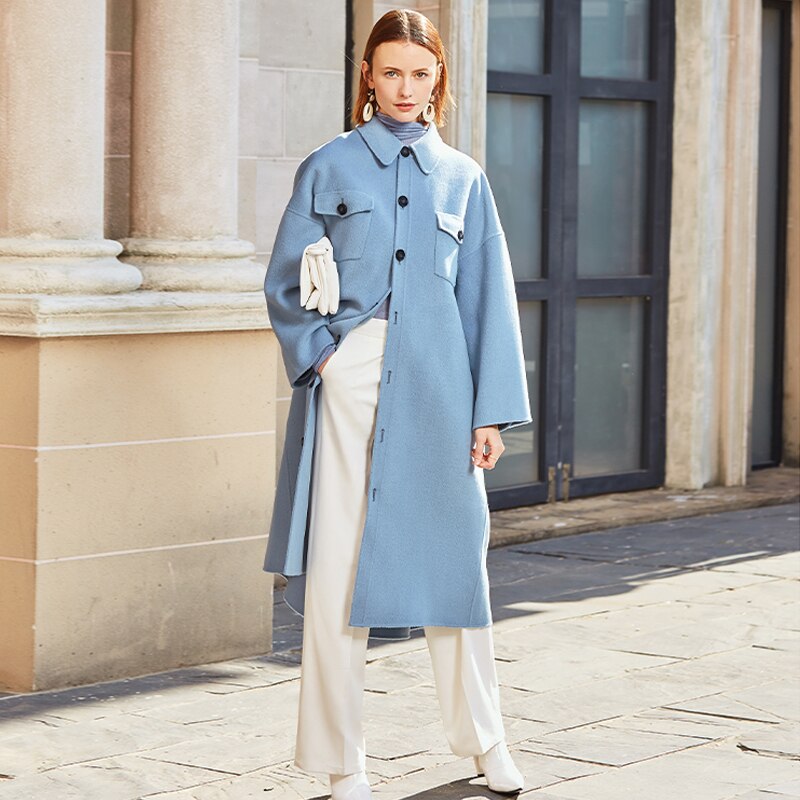 AEL winter  wool double woolen coat women Gray-blue Retro wide sleeves overcoat fashion loose lady long outcoat - KAISERINC