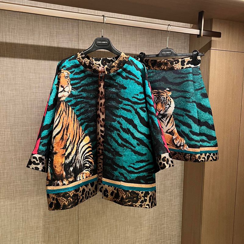 Summer Tiger Year Series Jacquard Leopard Tiger Jacket + Slim High Waist A-Line Skirt Suit - KAISERINC