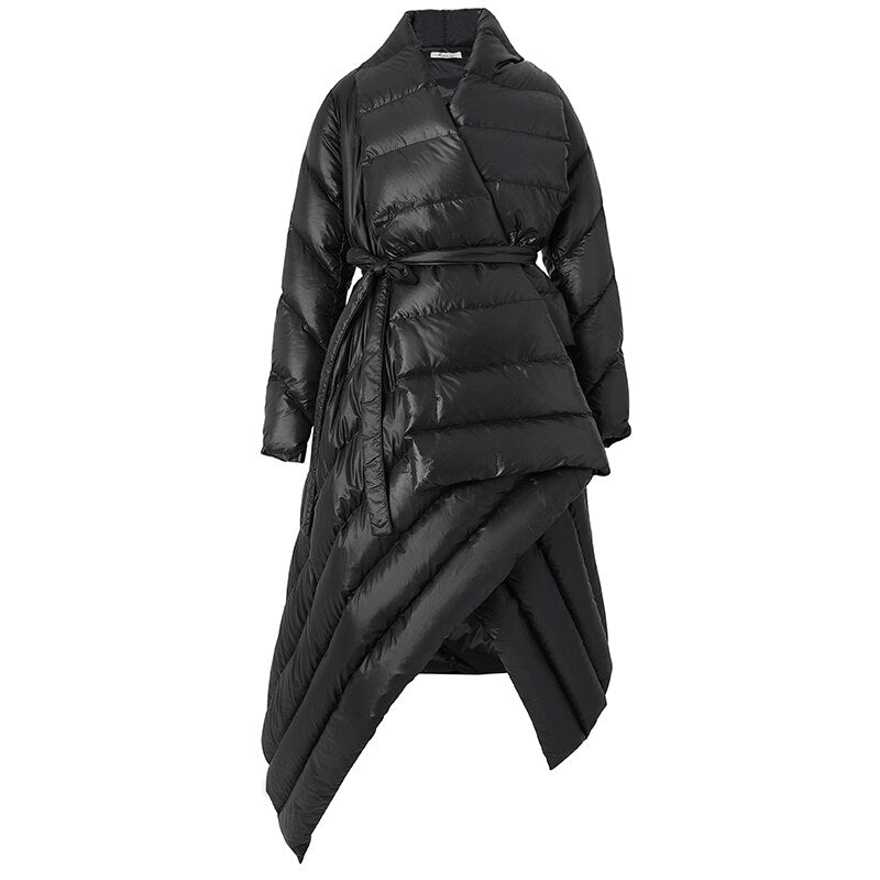 AEL Belt Down Jacket Women Winter Irregular Long Coat Fashion Parka Lady Streetwear High Quality - KAISERINC
