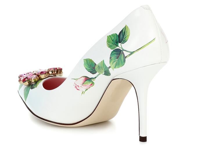 White Leather Flower Printed High Heel Shoes Sexy Pointed Toe Crystal Embellisehd Party Wedding Heels Pumps - KAISERINC