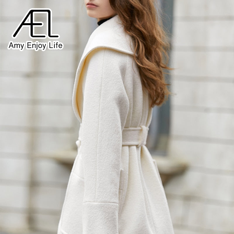 Retro Large Lapel White Tweed Jacket Female Winter New Waist Lacing Tweed Coat - KAISERINC