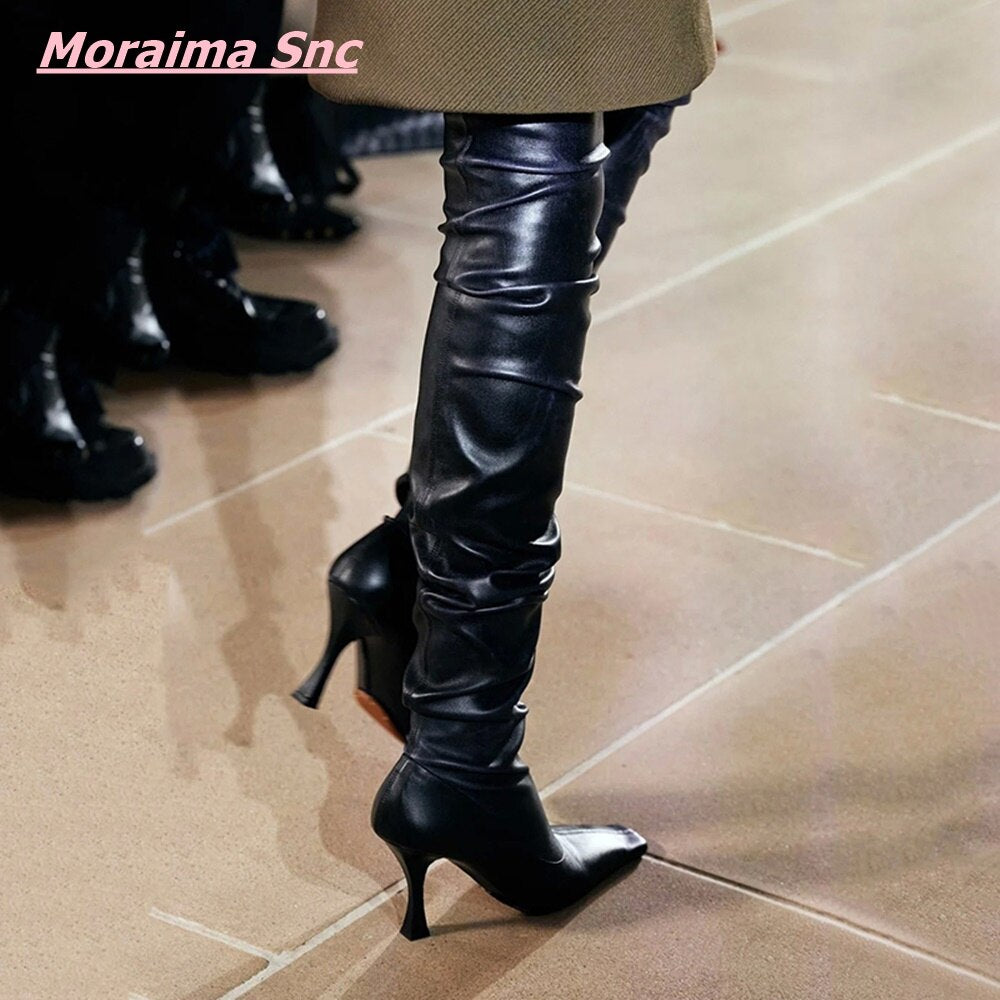 Summer Autumn Sexy Women'S Boots Newest Catwalk Square Toe Over Knee Concise Thin High Heel Novelty Solid Leather Fashion Shoes - KAISERINC