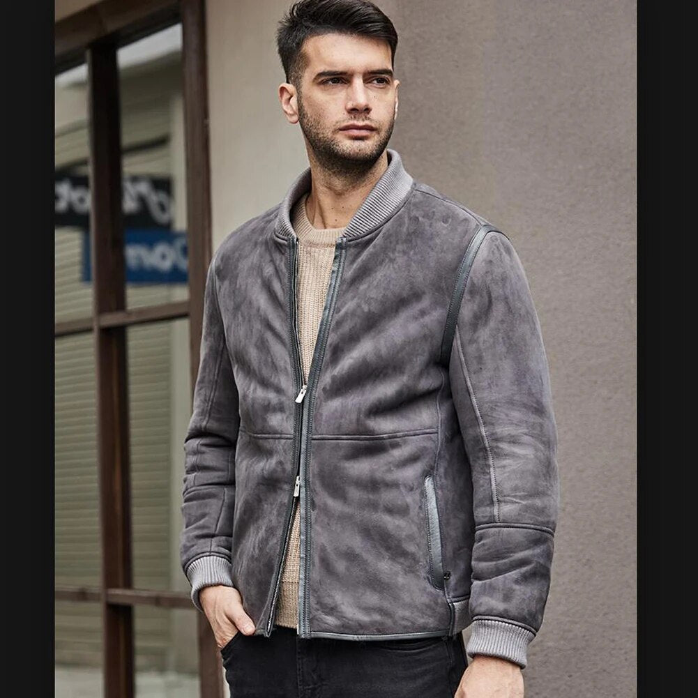 Denny&Dora Mens Baseball Collar Shearling Jacket Suede Shearling Jacket Men Grey Short Sheepskin Coat For Men