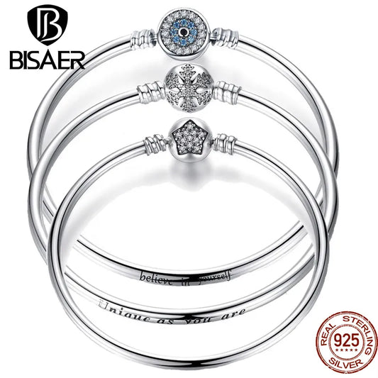 BISAER 925 Sterling Silver Snake Bracelet Blue Devil's Eye Charm Snowflake Heart Chain Clasp Bangles For Women Jewelry 17-21CM