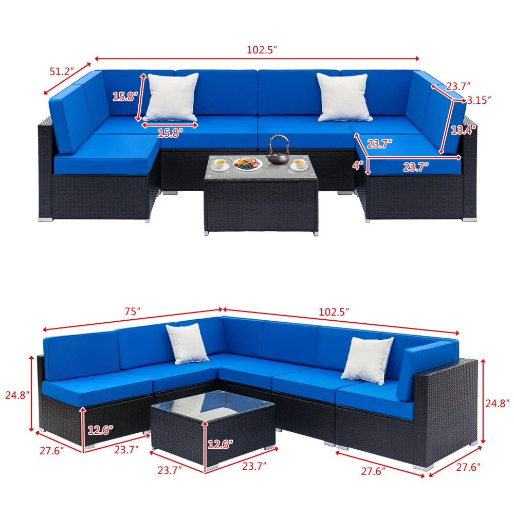 7 Pieces Outdoor Sectional Sofa Patio Furniture Sets PE Rattan Wicker Patio Conversation Set with 6pcs Sofas & 1pcs Coffee Table