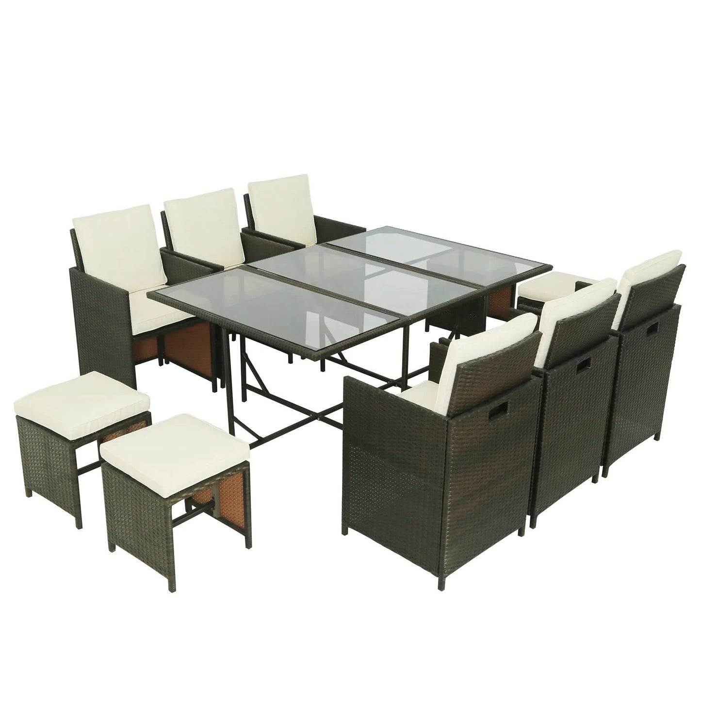 11 or 9 PCS Outdoor Patio Rattan Wicker Dining Table Set Garden Courtyard Furniture Sets 6 Armchairs+4 Stools+1 Table[US-Stock]