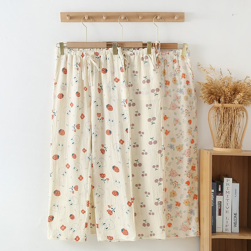 Women's Pajama Pants Summer Thin Trousers Casual Loose Home Sleep Bottoms Cotton Gauze Lounge Wear Elastic Waist Sleepwear - KAISERINC