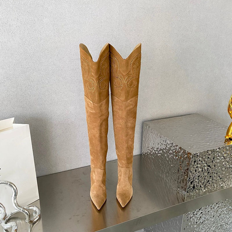 Wedge Heel Over The Knee Boots Suede Leather Pointed Toe Embroidery Long Boots Winter Women's Dress Shoes - KAISERINC