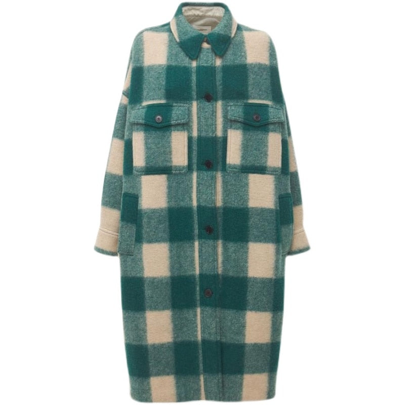 Back Logo Women Woolen Mid-Length Coat Winter Single-Breasted Ladies Plaid Long Sleeve Outwear Tops with Double Pockets - KAISERINC