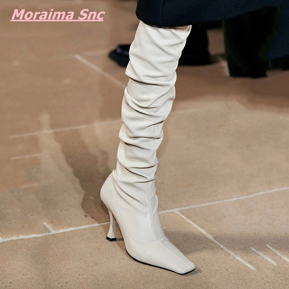 Summer Autumn Sexy Women'S Boots Newest Catwalk Square Toe Over Knee Concise Thin High Heel Novelty Solid Leather Fashion Shoes - KAISERINC