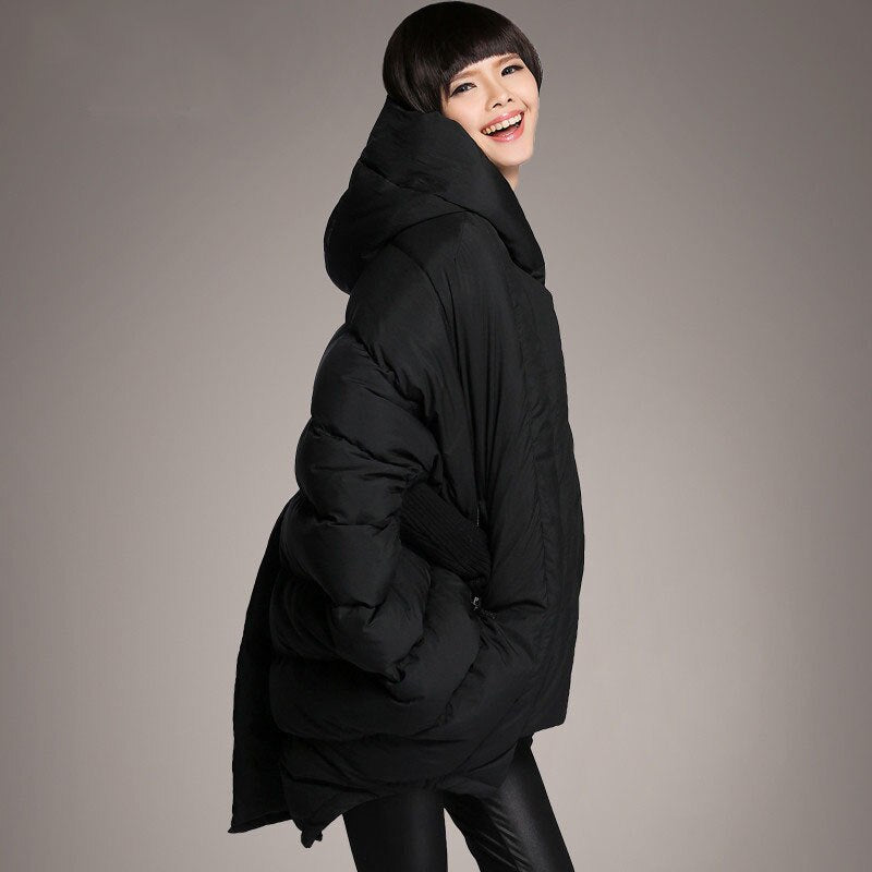 Down Jacket Women's New Mid Length White Duck Down Loose Pocket Hooded Cloak Jacket
