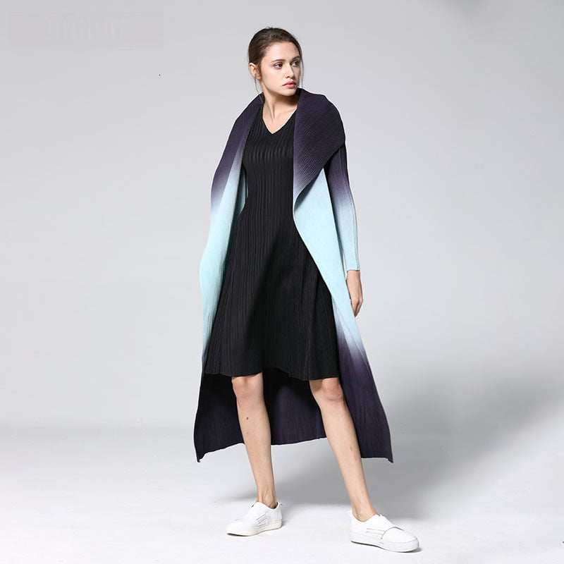 New Fashion Pattern Pleated Leisure Long Sleeve Cardigan Large Lapel Gradient Color Slim Women's Trench Coat - KAISERINC