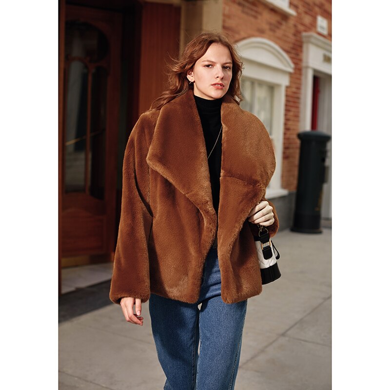 Caramel Fashionable Large Lapel Fur Coat Women's Autumn And Winter Thickened Short Coat - KAISERINC
