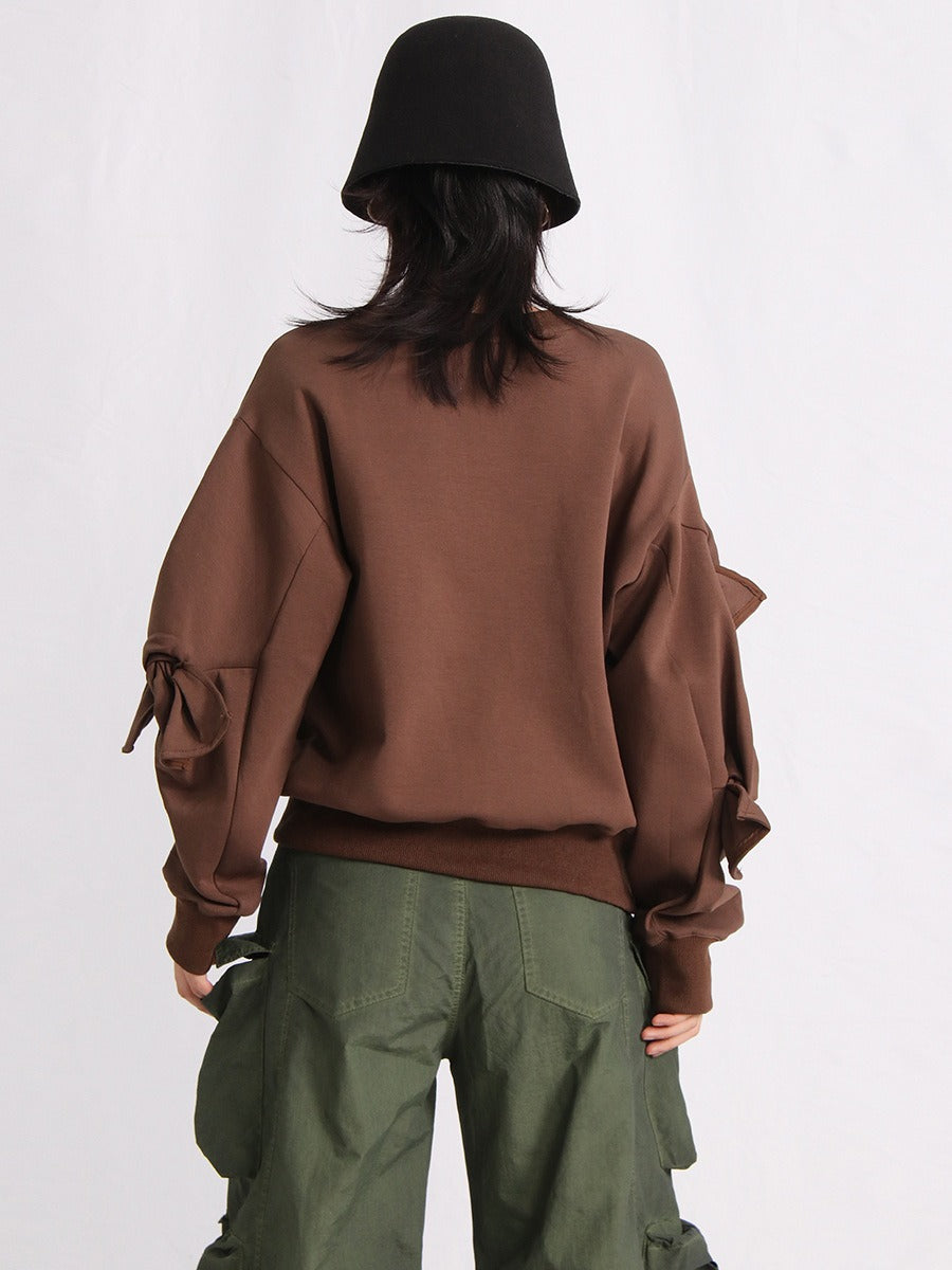 Patchwork Bow Sweatshirts For Women Round Neck Long Sleeve Loose Casual Pullover Solid Sweatshirt Female Fashion - KAISERINC
