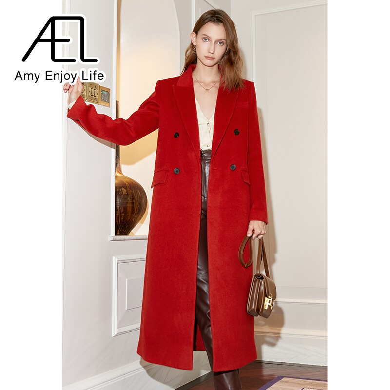 Red Double Breasted Vintage Loose Long Suit Woolen Coat - KAISERINC