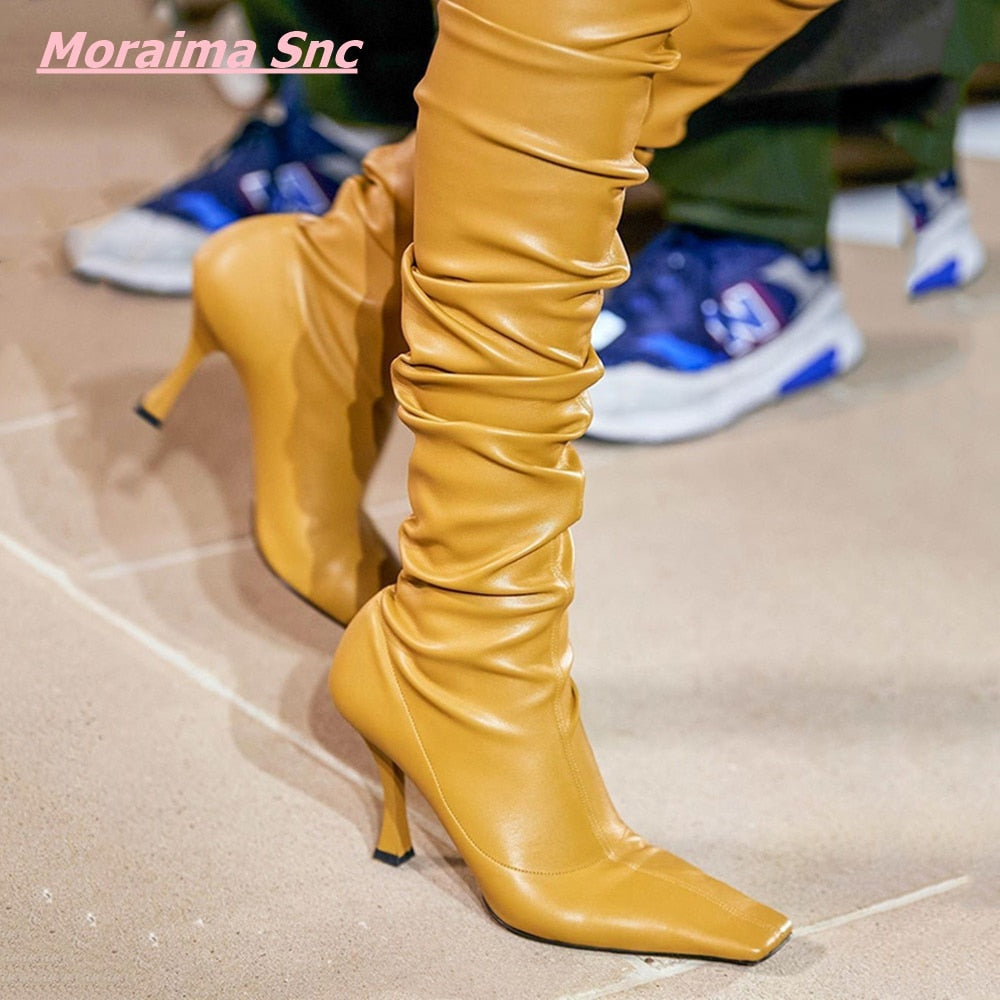 Summer Autumn Sexy Women'S Boots Newest Catwalk Square Toe Over Knee Concise Thin High Heel Novelty Solid Leather Fashion Shoes - KAISERINC
