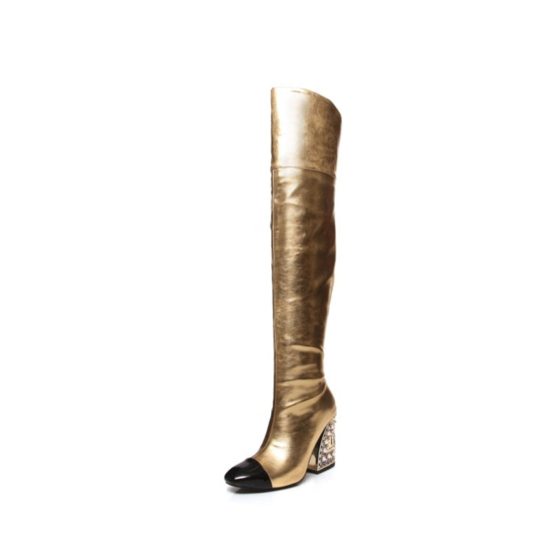 Fashion Sexy Women Pointed-Toe Boots Catwalk Style With Pearl Pattern Shaped Heel Over-The-Knee Large Size Shoes Party High Boot - KAISERINC