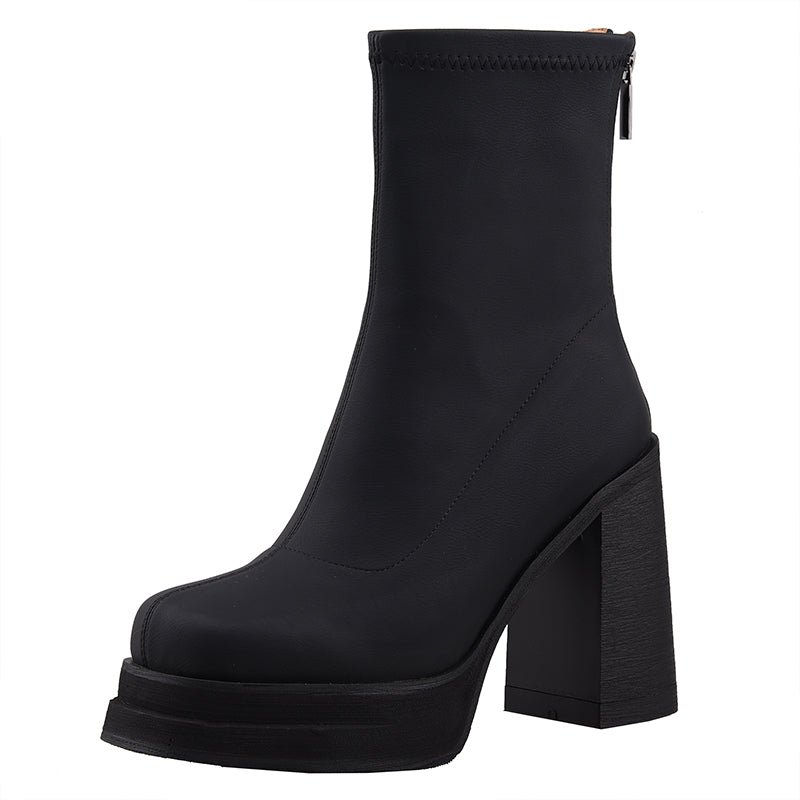 Elastic Slim Boots Thick Heel Short Boots Women's New High Heel Shoes Autumn Winter Thick Sole Square Head Women's Boots - KAISERINC