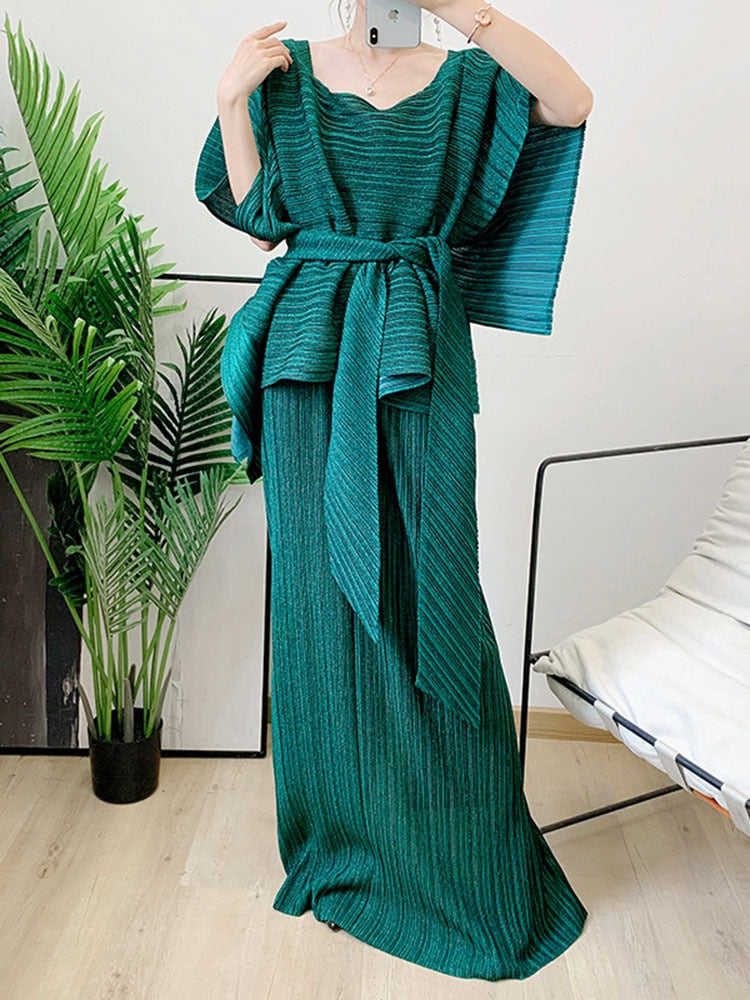 Two Pieces Pleated Skirt Set For Women Batwing Sleeves Loose Top With Long Length Skirts Female Elegant Clothing - KAISERINC