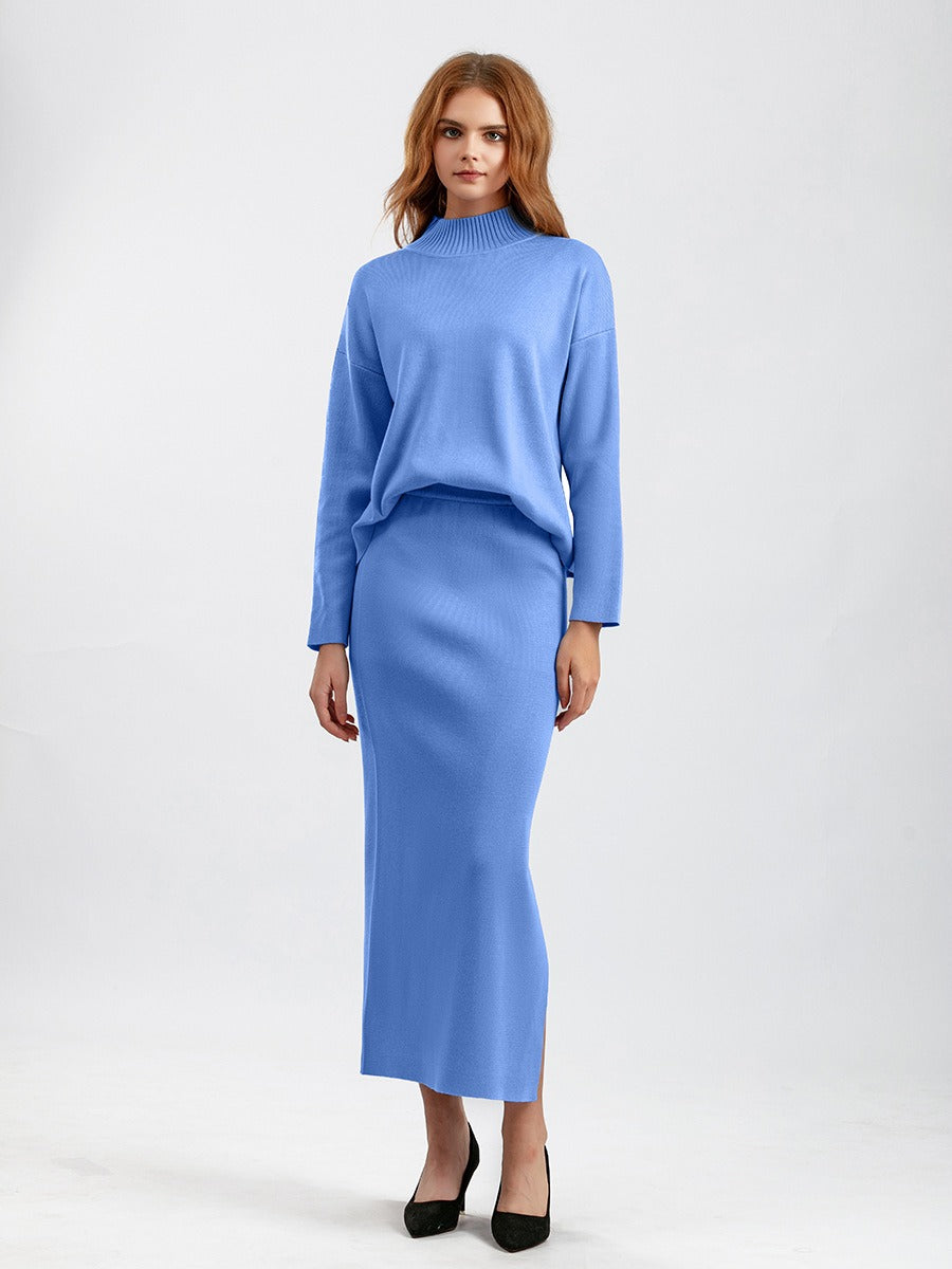 2 Pieces Knit Sets Women Maxi Skirt Tracksuits Winter Warm Turtleneck Sweater + Long Midi Straight Skirt Two Pieces Sets - KAISERINC