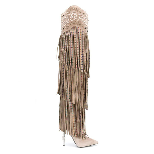 Vintage Crystal Embellished Fringe Overknee Boots Winter Pointed Toe Thigh High Cowboy Boots Design Metal High Heels Party Shoes
