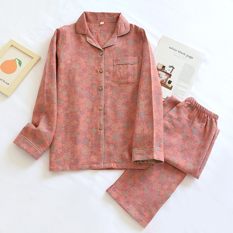 spring and summer women's pajamas suit long-sleeved trousers two-piece 100% cotton crepe flower leaves home clothes - KAISERINC