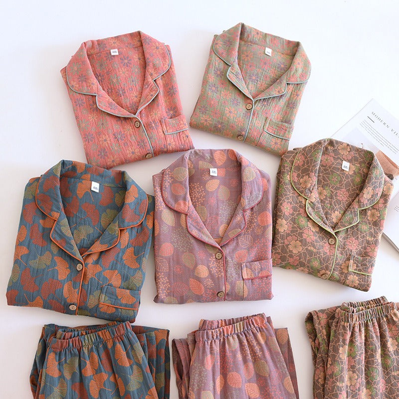 spring and summer women's pajamas suit long-sleeved trousers two-piece 100% cotton crepe flower leaves home clothes - KAISERINC