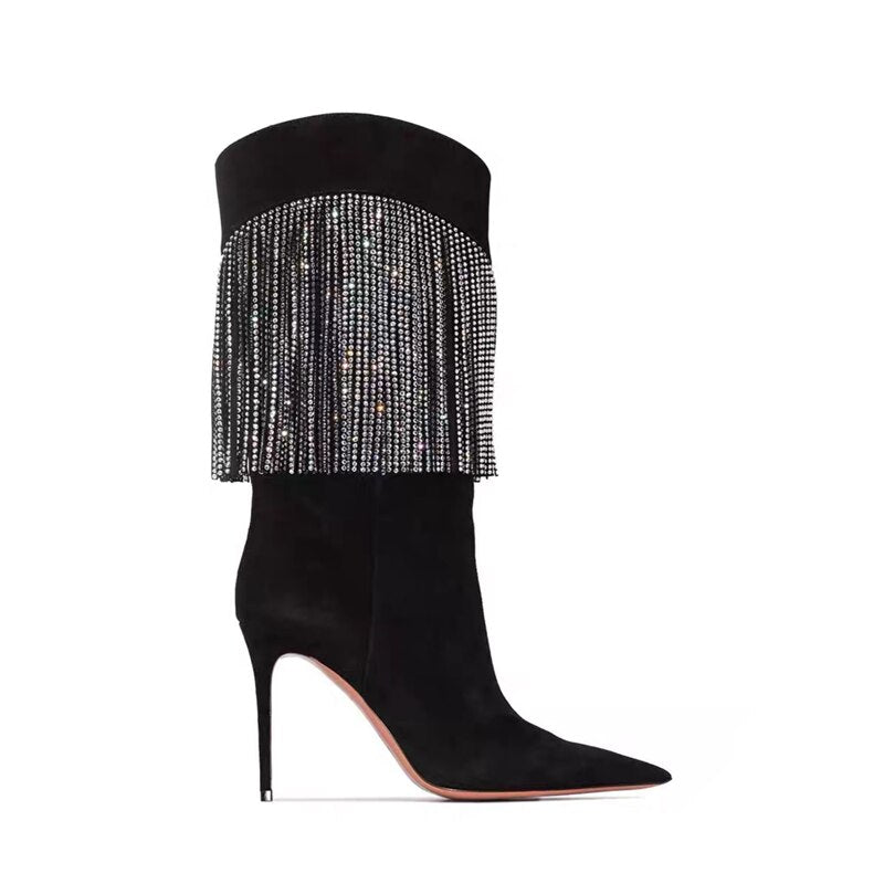 Autumn New Women's Pointed Toe Rhinestone Boots Silver Tassel Stiletto Suede Boots Black Super High Heels 34-43 Size - KAISERINC