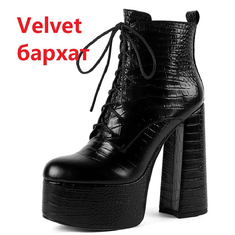 Elegant Mature Women Ankle Boots Cross-Tied Platforms Genuine Leather High Heels Party Office Autumn Winter Shoes - KAISERINC