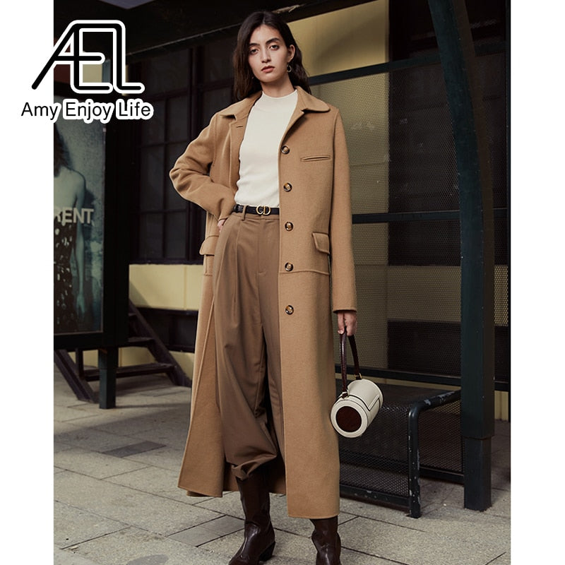 High End Single Breasted Reversible Cloth Shawl Waist Wool Coat Winter New Long Coat