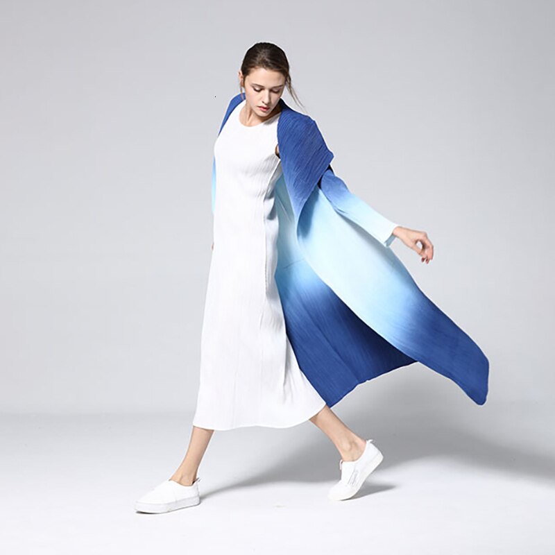 New Fashion Pattern Pleated Leisure Long Sleeve Cardigan Large Lapel Gradient Color Slim Women's Trench Coat - KAISERINC