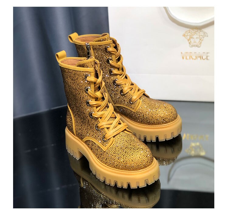 New Autumn and Winter Boots Leather Full Rhinestone Round Toe Thick Bottom Thick Heel Increased Side Zipper Lace-up Martin Boots - KAISERINC