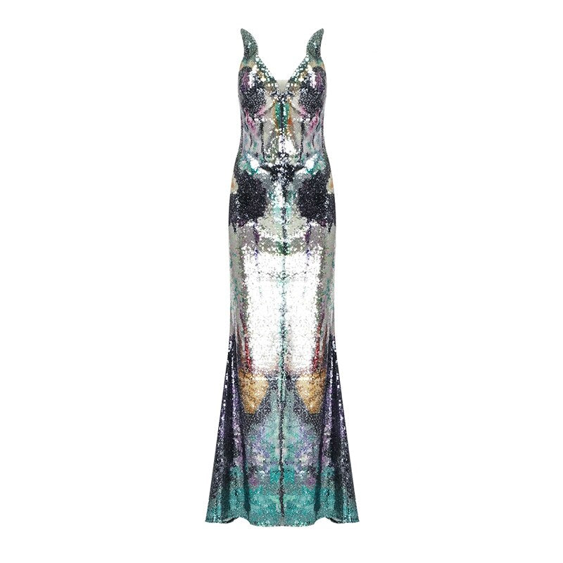 Spring And Summer New Sleeveless Sexy V-Neck Wrap Chest Sequins Backless Slim Party Bag Hip Dress - KAISERINC