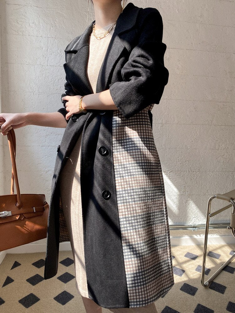 Color Blocking Design Reversible Woolen Coat Women's Autumn And Winter New Temperament Double Breasted Coat - KAISERINC