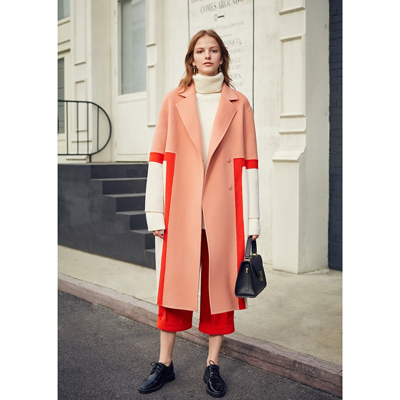 Show High Stitching Collision Color Niche Design Sense Double-Sided Wool Long Coat Female Winter - KAISERINC