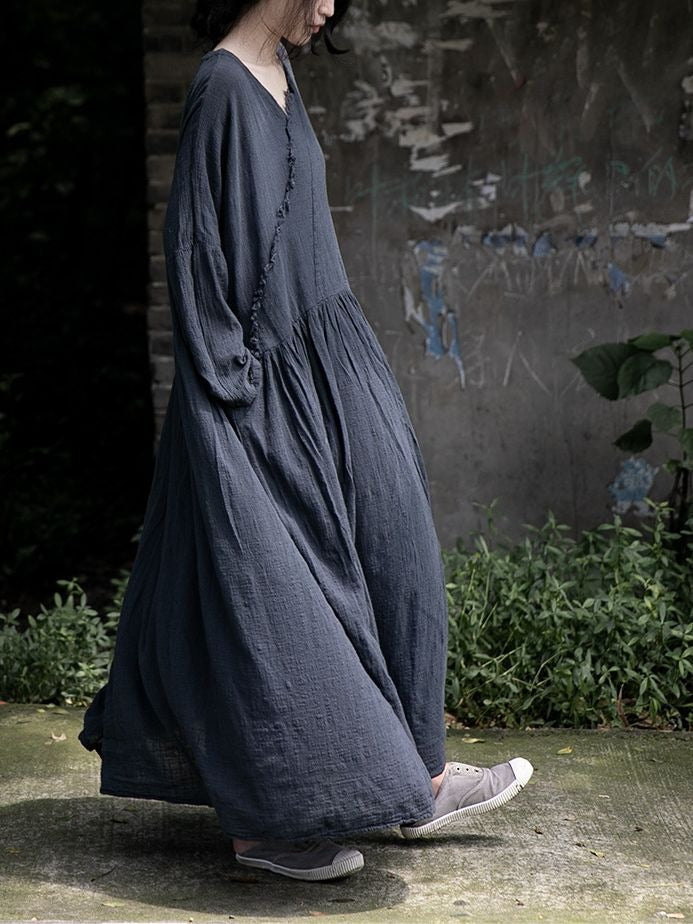 Travel literary soft loose slimming robe cotton and linen draped raw edge dress - KAISERINC