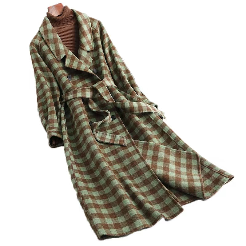 Autumn New Monochrome Card Green Plaid Lace Double-Sided Woolen Women's Long Coat - KAISERINC