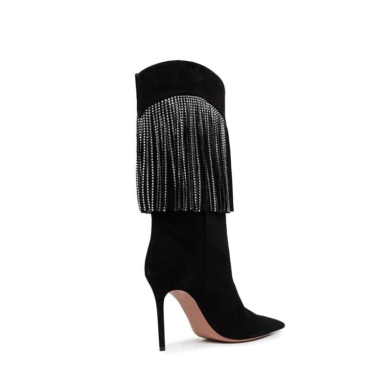 Autumn New Women's Pointed Toe Rhinestone Boots Silver Tassel Stiletto Suede Boots Black Super High Heels 34-43 Size - KAISERINC