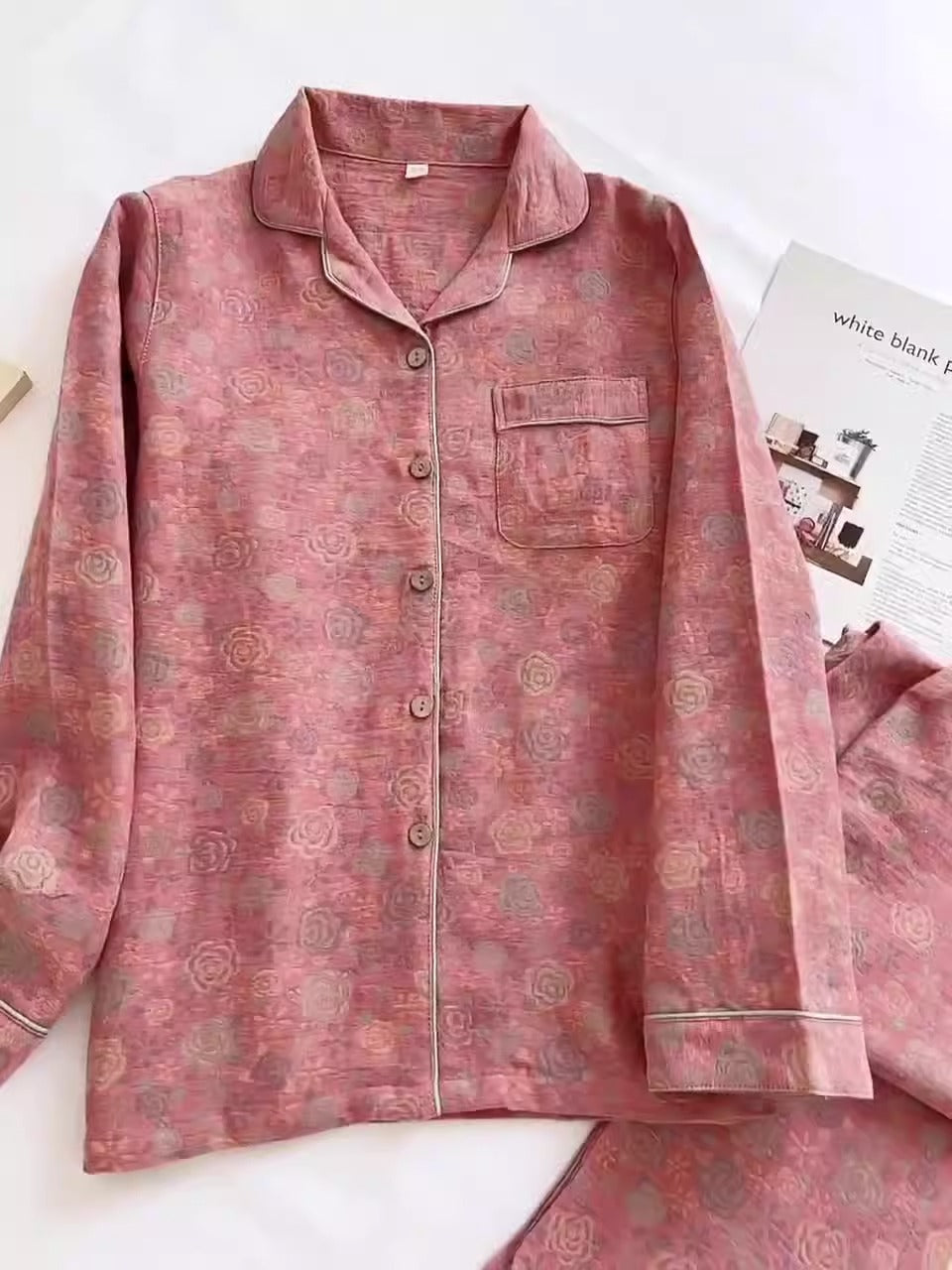 spring and summer women's pajamas suit long-sleeved trousers two-piece 100% cotton crepe flower leaves home clothes - KAISERINC