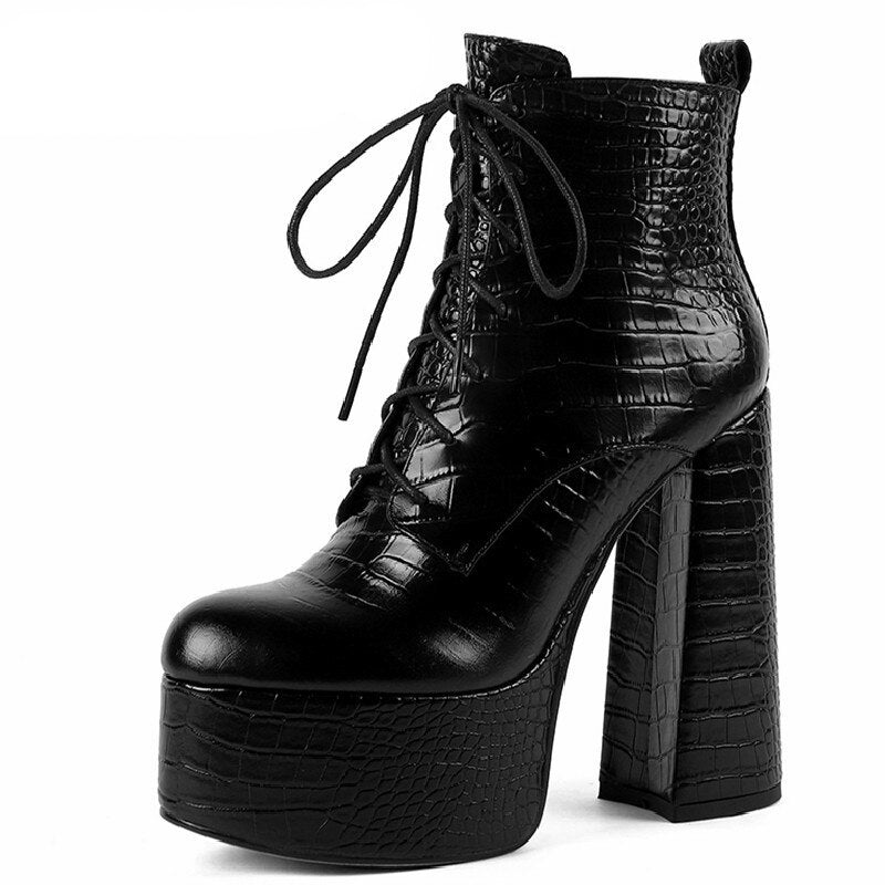 Elegant Mature Women Ankle Boots Cross-Tied Platforms Genuine Leather High Heels Party Office Autumn Winter Shoes - KAISERINC