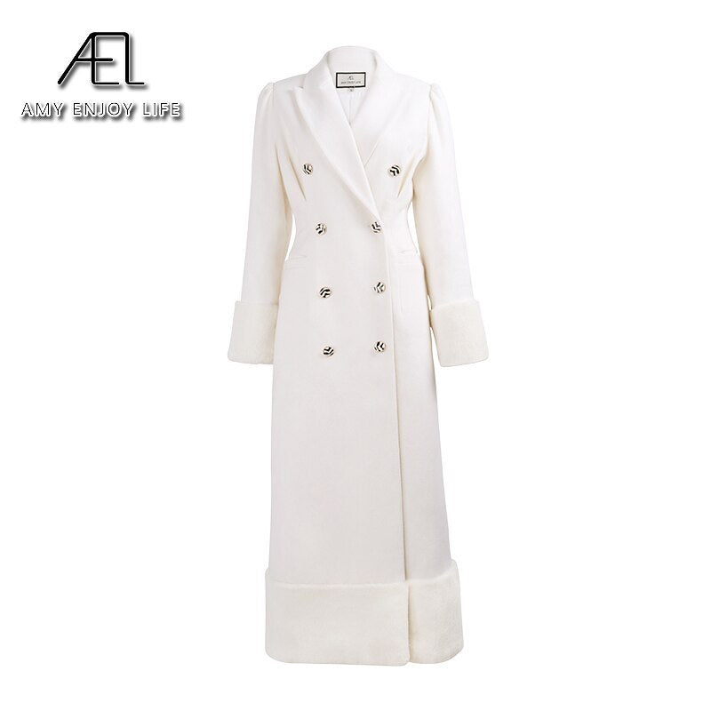 AEL Woolen Coat women Winter Lapel Collar Double-Breasted Warm Overcoat Snow White Slim Long Blazer - KAISERINC
