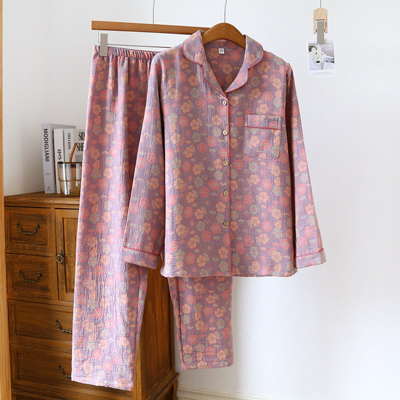 spring and summer women's pajamas suit long-sleeved trousers two-piece 100% cotton crepe flower leaves home clothes - KAISERINC