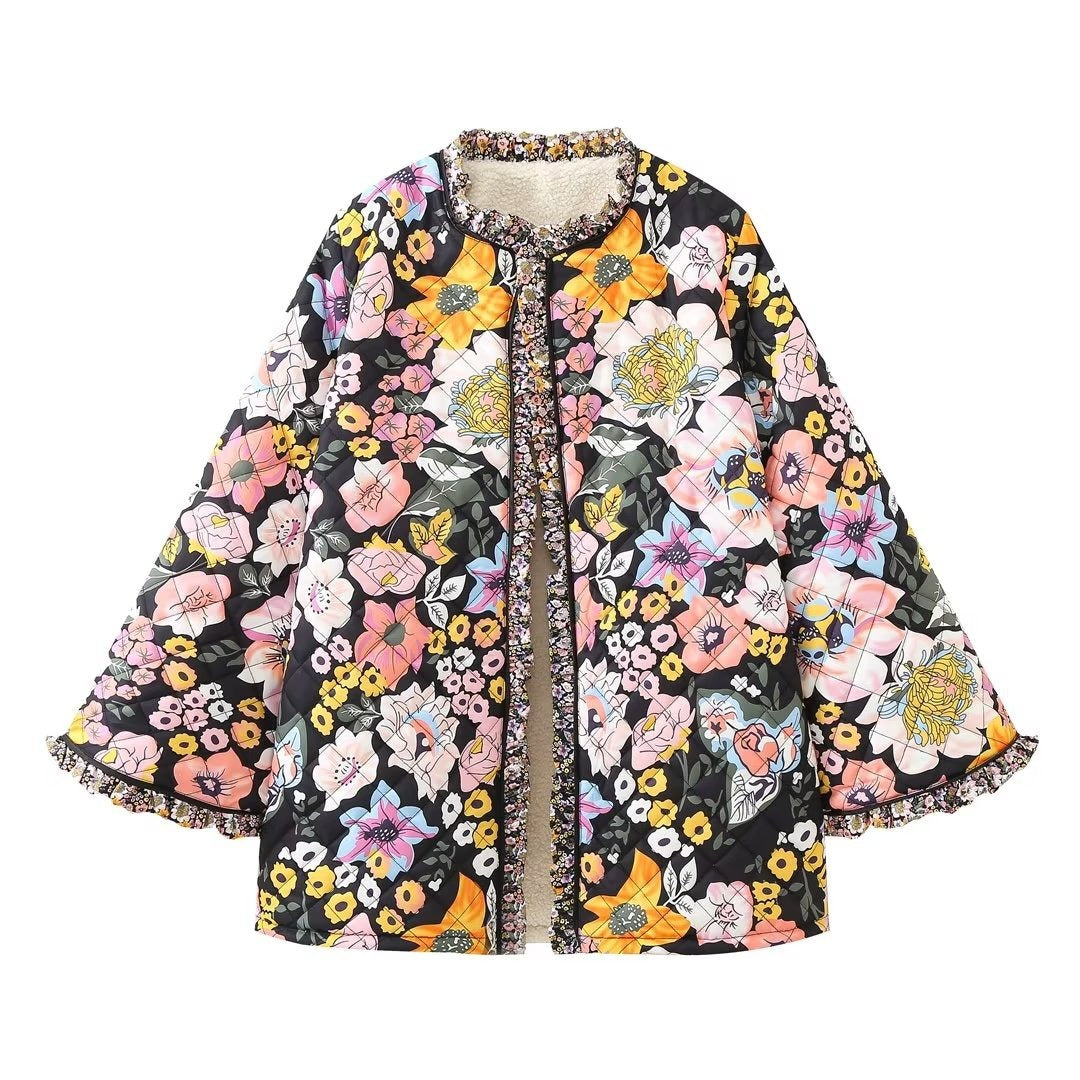 Fashion Women Printed Spliced Coat Long Sleeve Thick Warm Cotton Jacket  Elegant Autumn Winter Casual Streetwear - KAISERINC