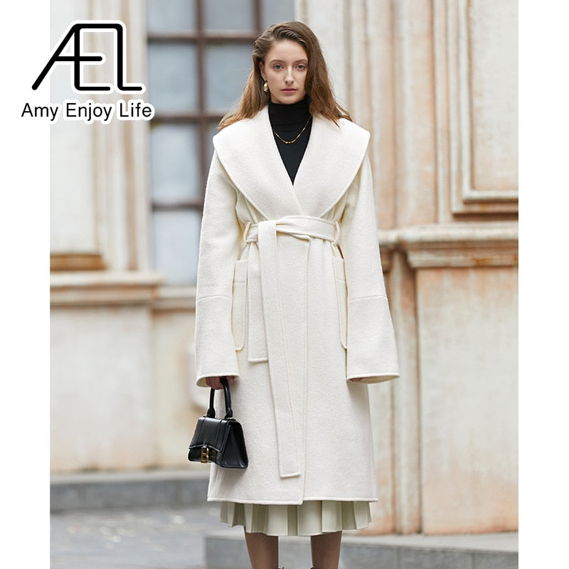 Retro Large Lapel White Tweed Jacket Female Winter New Waist Lacing Tweed Coat - KAISERINC