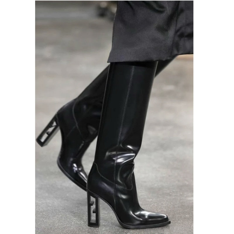 Ladies Autumn Pointed Toe Knee Boots Brand New Hollow Wooden High Heel Sexy High Boots/Red Brown/Black/Grey Plaid 34-43 Sizes - KAISERINC