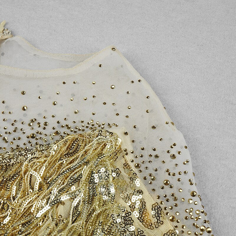 Stylish High Waist Gold Sequins Tassels Midi Dress O Neck Long Sleeves Celebrity Party Club - KAISERINC