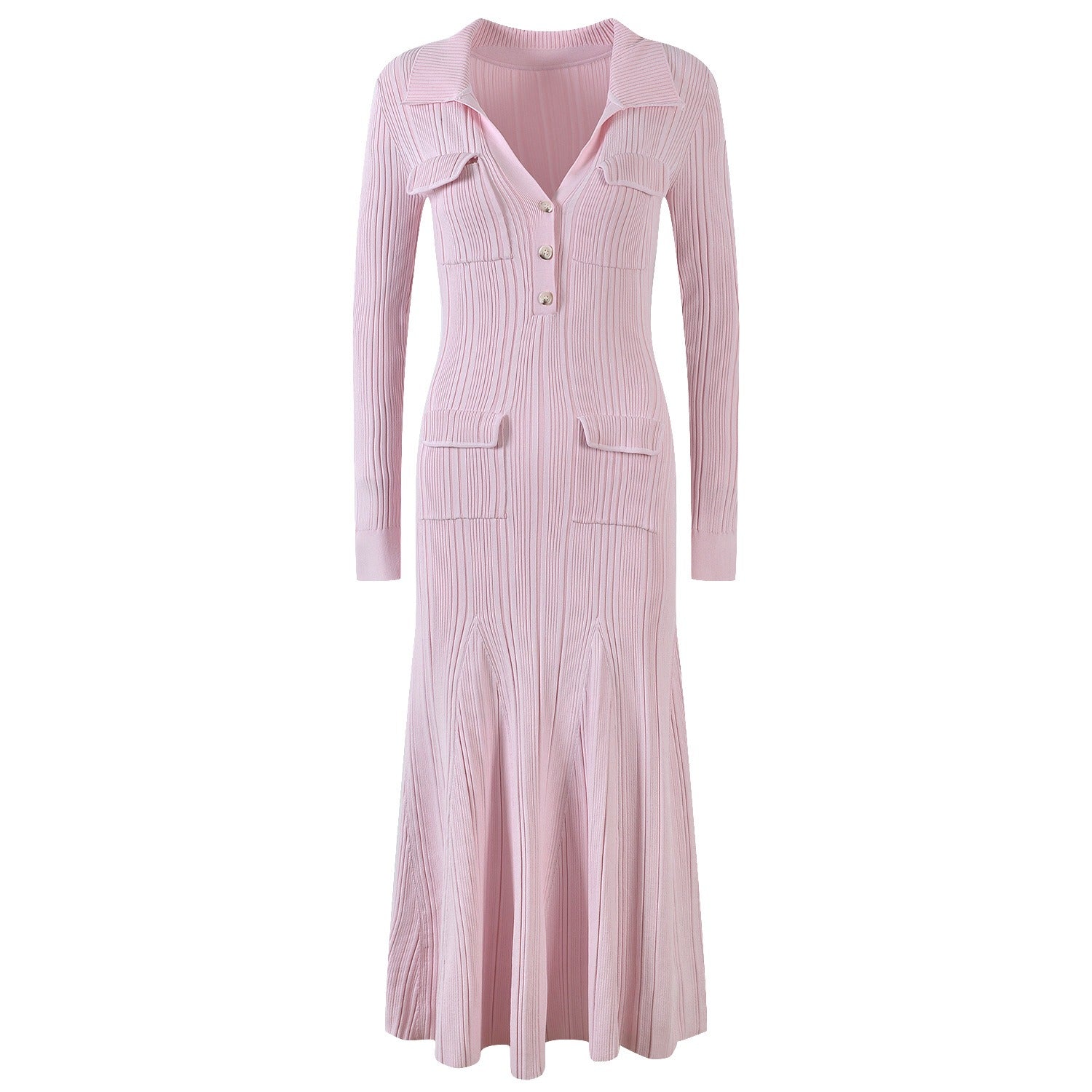Women's pink knitted medium-length dress senior sense of fashion temperament polo collar waist-skimming long dress - KAISERINC