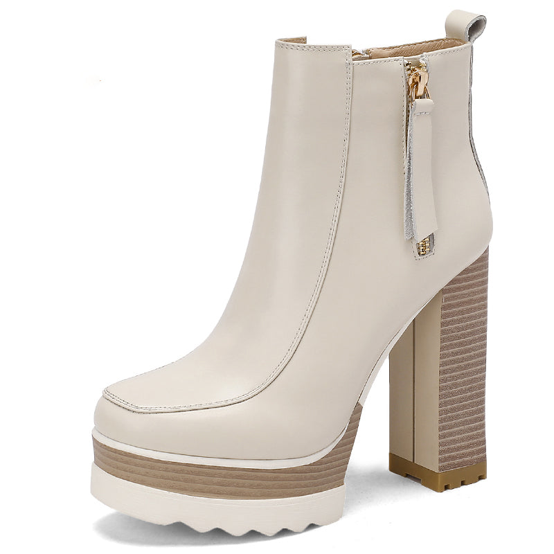 Autumn And Winter High Heels Thick Heel New Women's Boots Thick-Soled Waterproof Platform Short Boots Beige Bare Boots 13cm - KAISERINC