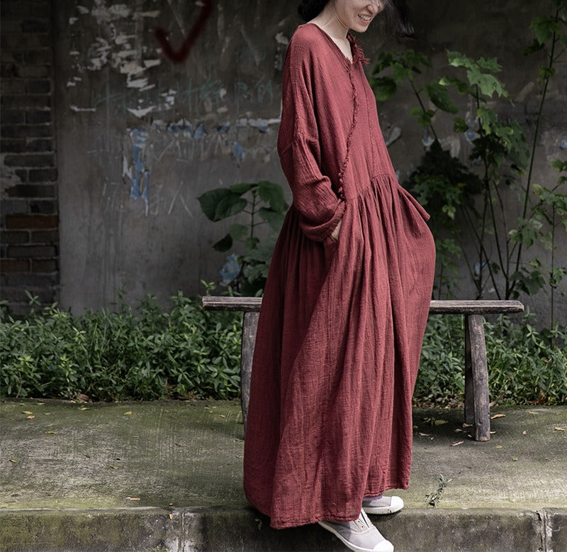 Travel literary soft loose slimming robe cotton and linen draped raw edge dress - KAISERINC